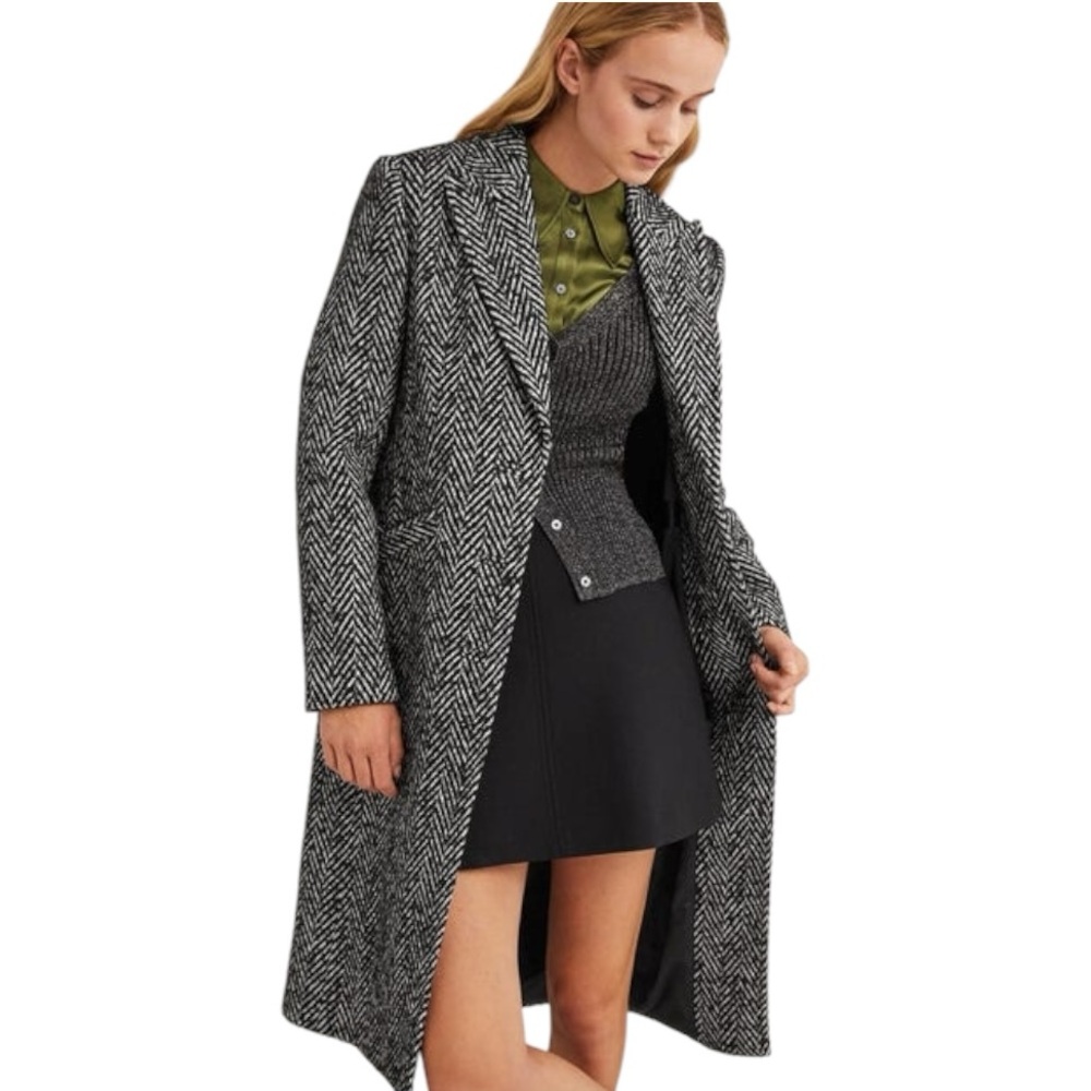 BODEN Wool Blend Tailored Coat Black White Ivory Herringbone Long Trench Size 12